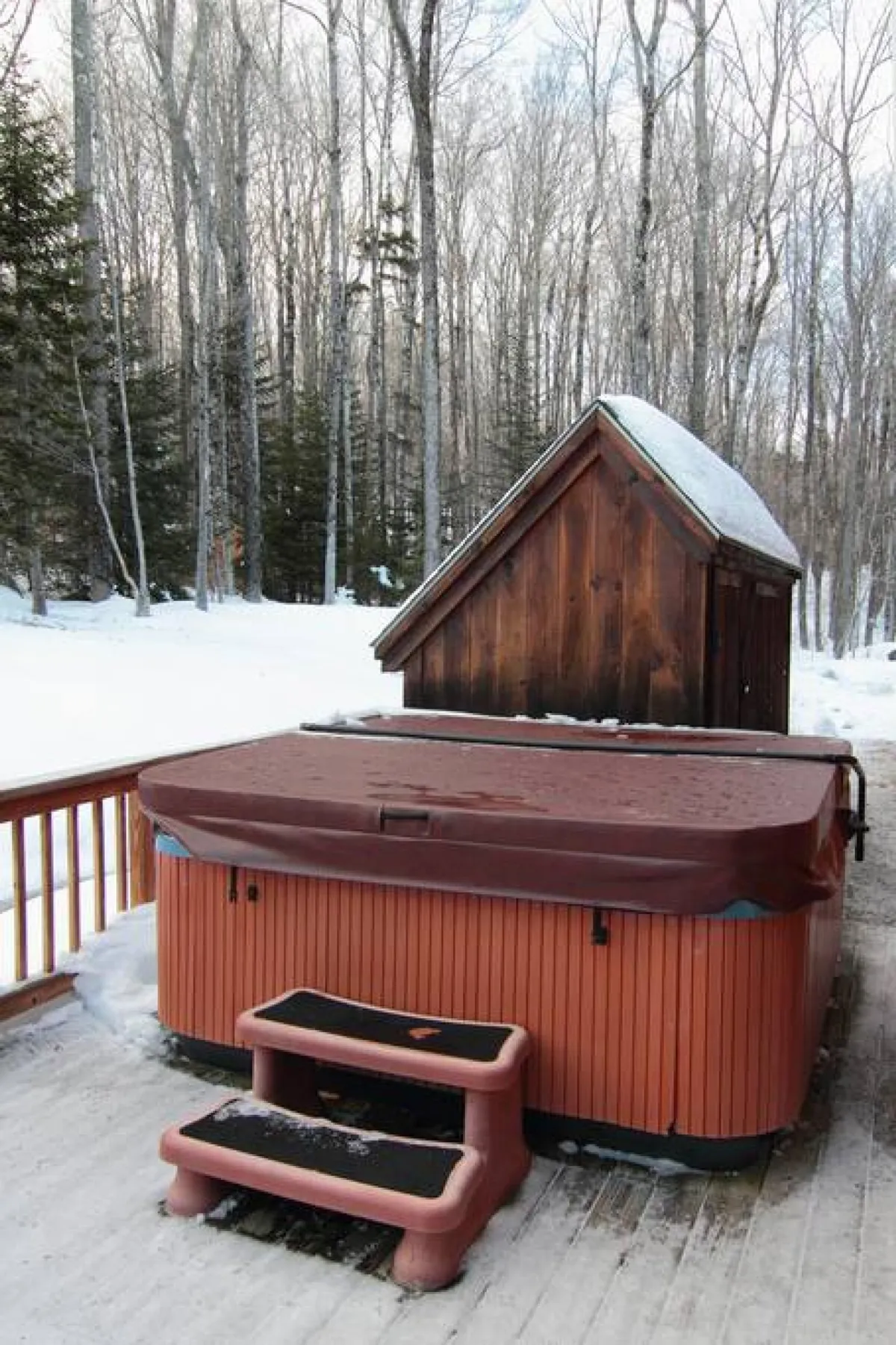 The image shows an inviting outdoor hot tub surrounded by trees, with a wooden shed nearby. The setting feels private and tranquil, perfect for unwinding after a day on the slopes. The hot tub is steaming against the crisp winter backdrop, highlighting a luxurious après-ski amenity.